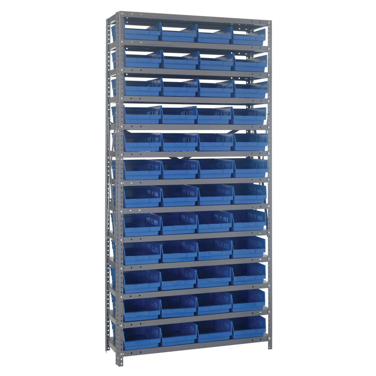 1275 - 107 | 12" x 36" x 75" Shelving Unit with 48 Bins - Steel Shelving with Bins > 12" Deep Steel Shelving Units with Bins > Open Front Plastic Shelf Bins - Industrial 4 Less