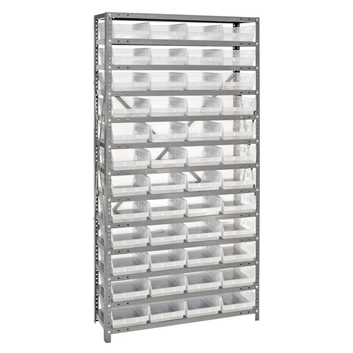 1275 - 107 | 12" x 36" x 75" Shelving Unit with 48 Bins - Steel Shelving with Bins > 12" Deep Steel Shelving Units with Bins > Open Front Plastic Shelf Bins - Industrial 4 Less