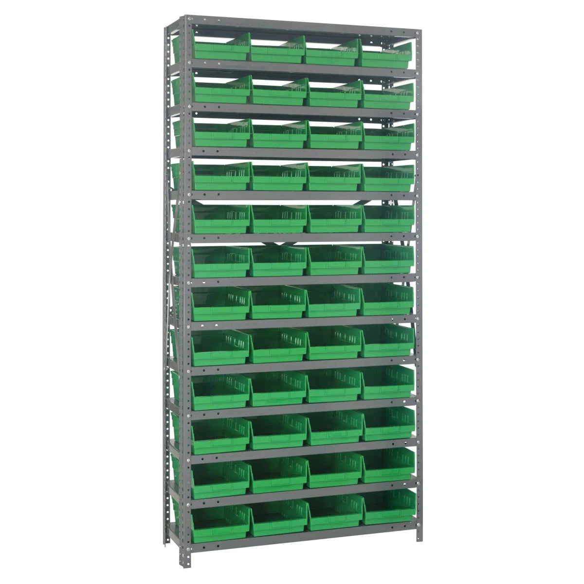 1275 - 107 | 12" x 36" x 75" Shelving Unit with 48 Bins - Steel Shelving with Bins > 12" Deep Steel Shelving Units with Bins > Open Front Plastic Shelf Bins - Industrial 4 Less