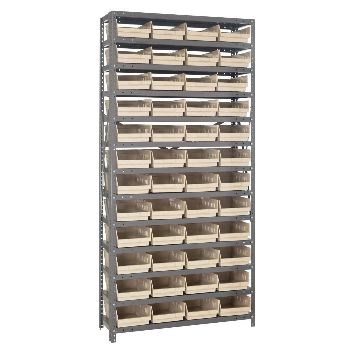 1275 - 107 | 12" x 36" x 75" Shelving Unit with 48 Bins - Steel Shelving with Bins > 12" Deep Steel Shelving Units with Bins > Open Front Plastic Shelf Bins - Industrial 4 Less