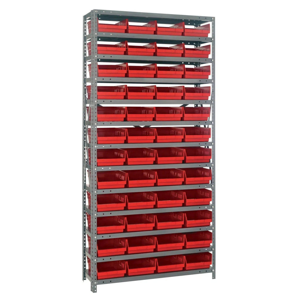 1275 - 107 | 12" x 36" x 75" Shelving Unit with 48 Bins - Steel Shelving with Bins > 12" Deep Steel Shelving Units with Bins > Open Front Plastic Shelf Bins - Industrial 4 Less