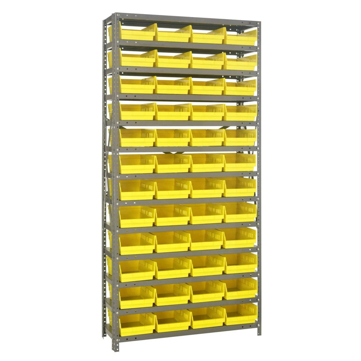 1275 - 107 | 12" x 36" x 75" Shelving Unit with 48 Bins - Steel Shelving with Bins > 12" Deep Steel Shelving Units with Bins > Open Front Plastic Shelf Bins - Industrial 4 Less