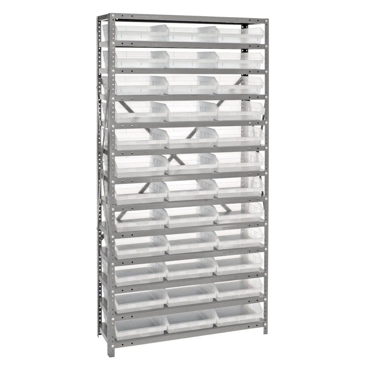 1275 - 109 | 12" x 36" x 75" Shelving Unit with 36 Bins - Steel Shelving with Bins > 12" Deep Steel Shelving Units with Bins > Open Front Plastic Shelf Bins - Industrial 4 Less