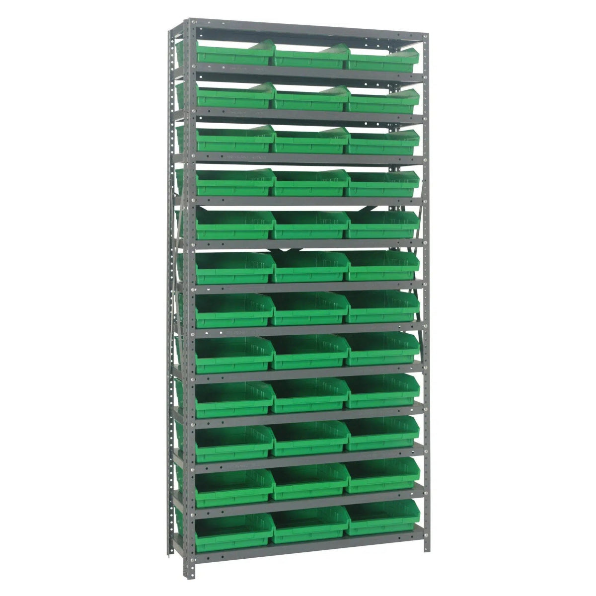 1275 - 109 | 12" x 36" x 75" Shelving Unit with 36 Bins - Steel Shelving with Bins > 12" Deep Steel Shelving Units with Bins > Open Front Plastic Shelf Bins - Industrial 4 Less