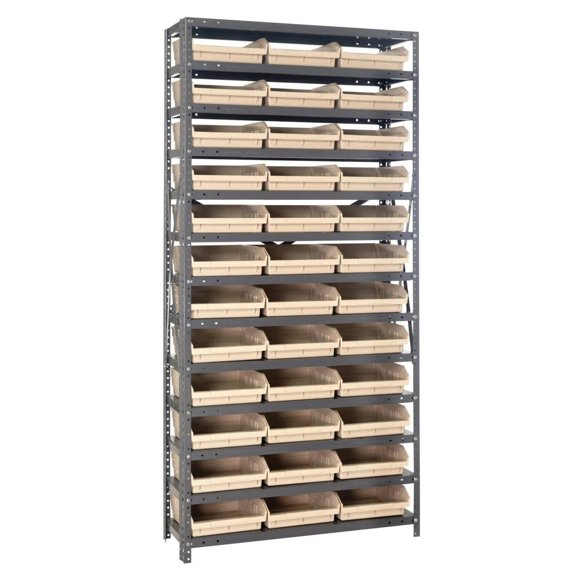 1275 - 109 | 12" x 36" x 75" Shelving Unit with 36 Bins - Steel Shelving with Bins > 12" Deep Steel Shelving Units with Bins > Open Front Plastic Shelf Bins - Industrial 4 Less