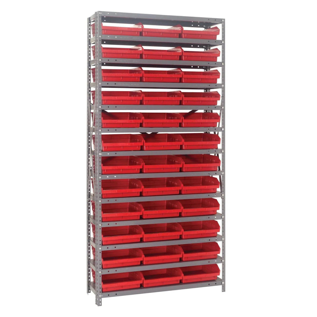 1275 - 109 | 12" x 36" x 75" Shelving Unit with 36 Bins - Steel Shelving with Bins > 12" Deep Steel Shelving Units with Bins > Open Front Plastic Shelf Bins - Industrial 4 Less