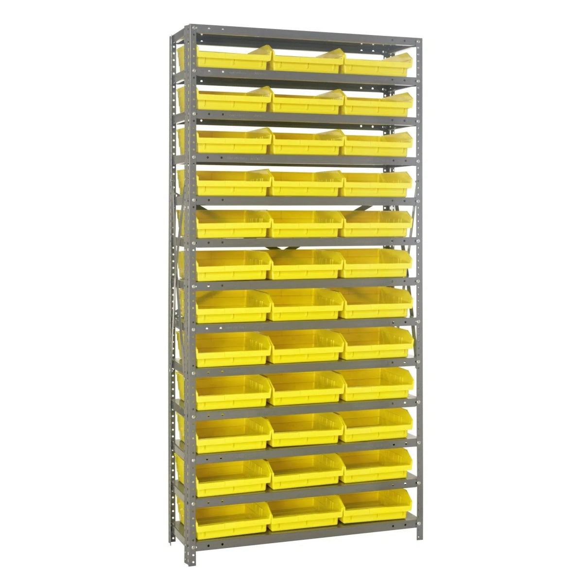 1275 - 109 | 12" x 36" x 75" Shelving Unit with 36 Bins - Steel Shelving with Bins > 12" Deep Steel Shelving Units with Bins > Open Front Plastic Shelf Bins - Industrial 4 Less