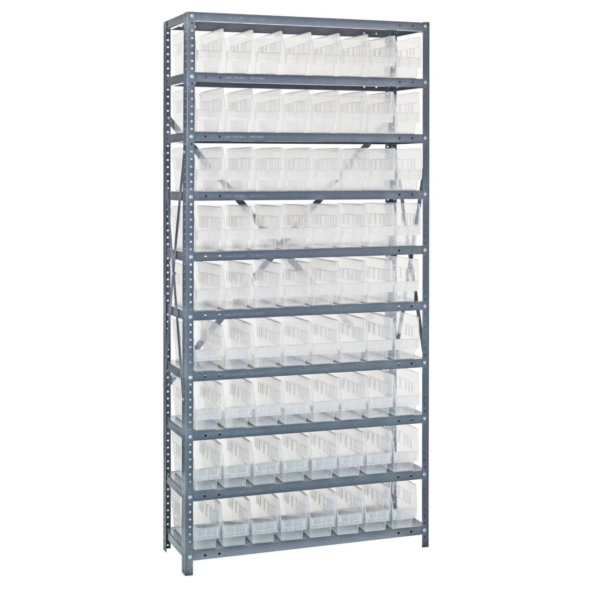 1275 - 201 | 12" x 36" x 75" Shelving Unit with 72 Bins - Steel Shelving with Bins > 12" Deep Steel Shelving Units with Bins > Open Front Plastic Shelf Bins - Industrial 4 Less