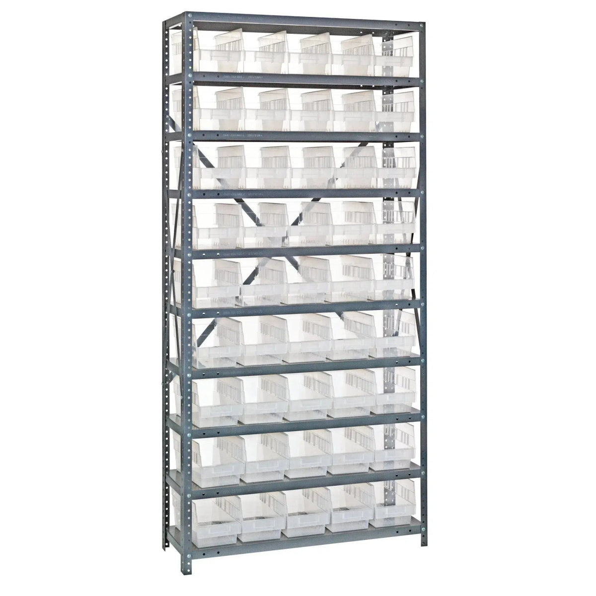 1275 - 202 | 12" x 36" x 75" Shelving Unit with 45 Bins - Steel Shelving with Bins > 12" Deep Steel Shelving Units with Bins > Open Front Plastic Shelf Bins - Industrial 4 Less