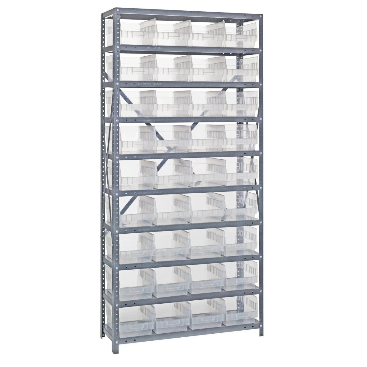 1275 - 207 | 12" x 36" x 75" Shelving Unit with 36 Bins - Steel Shelving with Bins > 12" Deep Steel Shelving Units with Bins > Open Front Plastic Shelf Bins - Industrial 4 Less