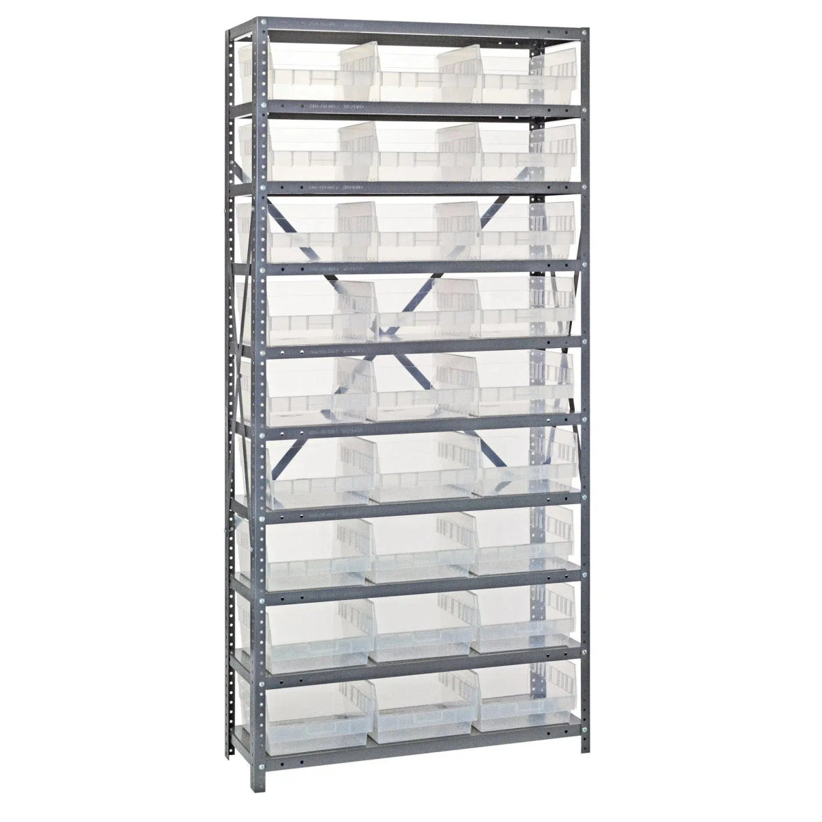 1275 - 209 | 12" x 36" x 75" Shelving Unit with 27 Bins - Steel Shelving with Bins > 12" Deep Steel Shelving Units with Bins > Open Front Plastic Shelf Bins - Industrial 4 Less