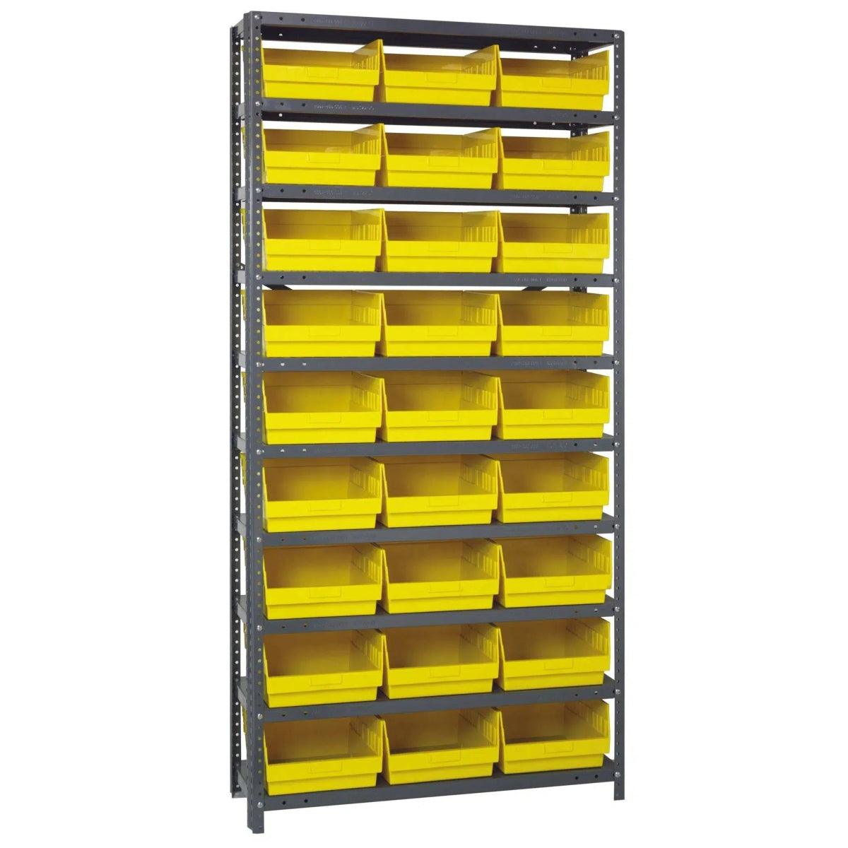 1275 - 209 | 12" x 36" x 75" Shelving Unit with 27 Bins - Steel Shelving with Bins > 12" Deep Steel Shelving Units with Bins > Open Front Plastic Shelf Bins - Industrial 4 Less