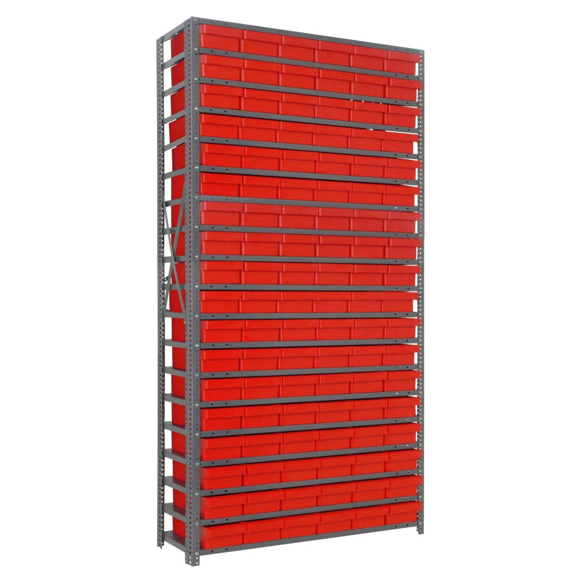 1275 - 401 | 12" x 36" x 75" Shelving Unit with 108 Bins - Steel Shelving with Bins > 12" Deep Steel Shelving Units with Bins > Open Front Plastic Shelf Bins - Industrial 4 Less