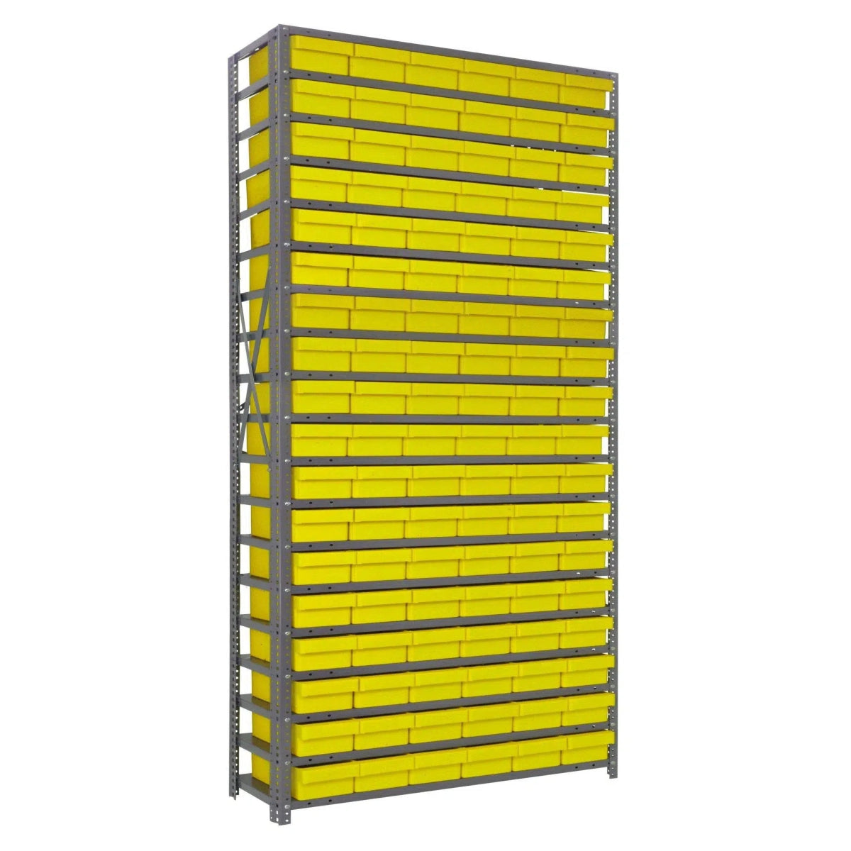 1275 - 401 | 12" x 36" x 75" Shelving Unit with 108 Bins - Steel Shelving with Bins > 12" Deep Steel Shelving Units with Bins > Open Front Plastic Shelf Bins - Industrial 4 Less