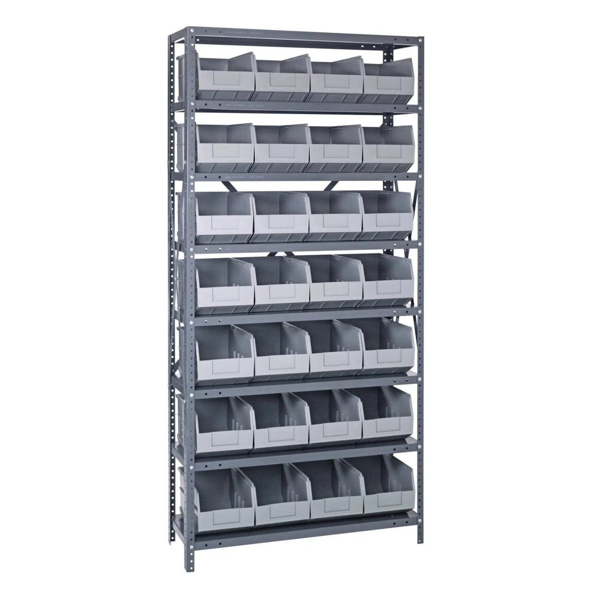 1275 - 423 | 12" x 36" x 75" Shelving Unit with 28 Bins - Steel Shelving with Bins > 12" Deep Steel Shelving Units with Bins > Open Front Plastic Shelf Bins - Industrial 4 Less