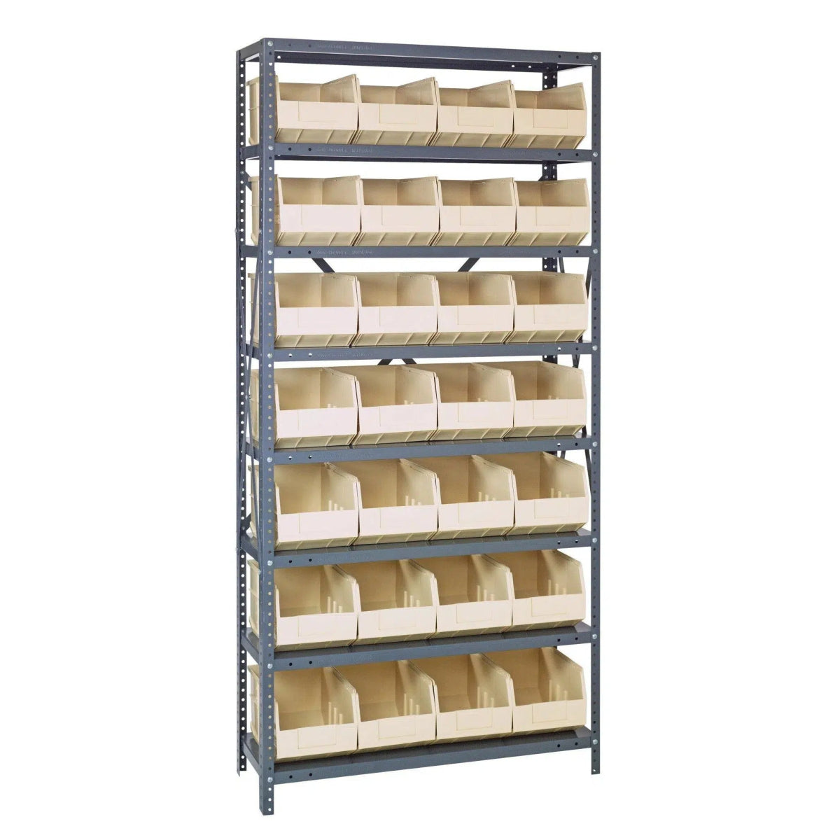 1275 - 423 | 12" x 36" x 75" Shelving Unit with 28 Bins - Steel Shelving with Bins > 12" Deep Steel Shelving Units with Bins > Open Front Plastic Shelf Bins - Industrial 4 Less