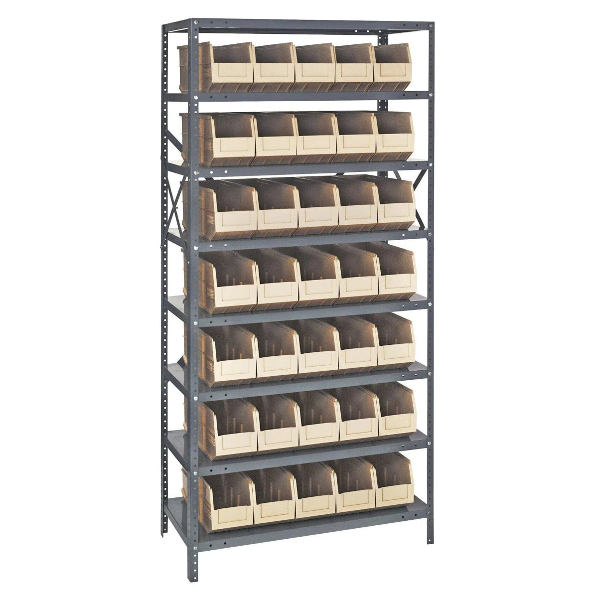 1275 - 441 | 12" x 36" x 75" Shelving Unit with 35 Bins - Steel Shelving with Bins > 12" Deep Steel Shelving Units with Bins > Open Front Plastic Shelf Bins - Industrial 4 Less