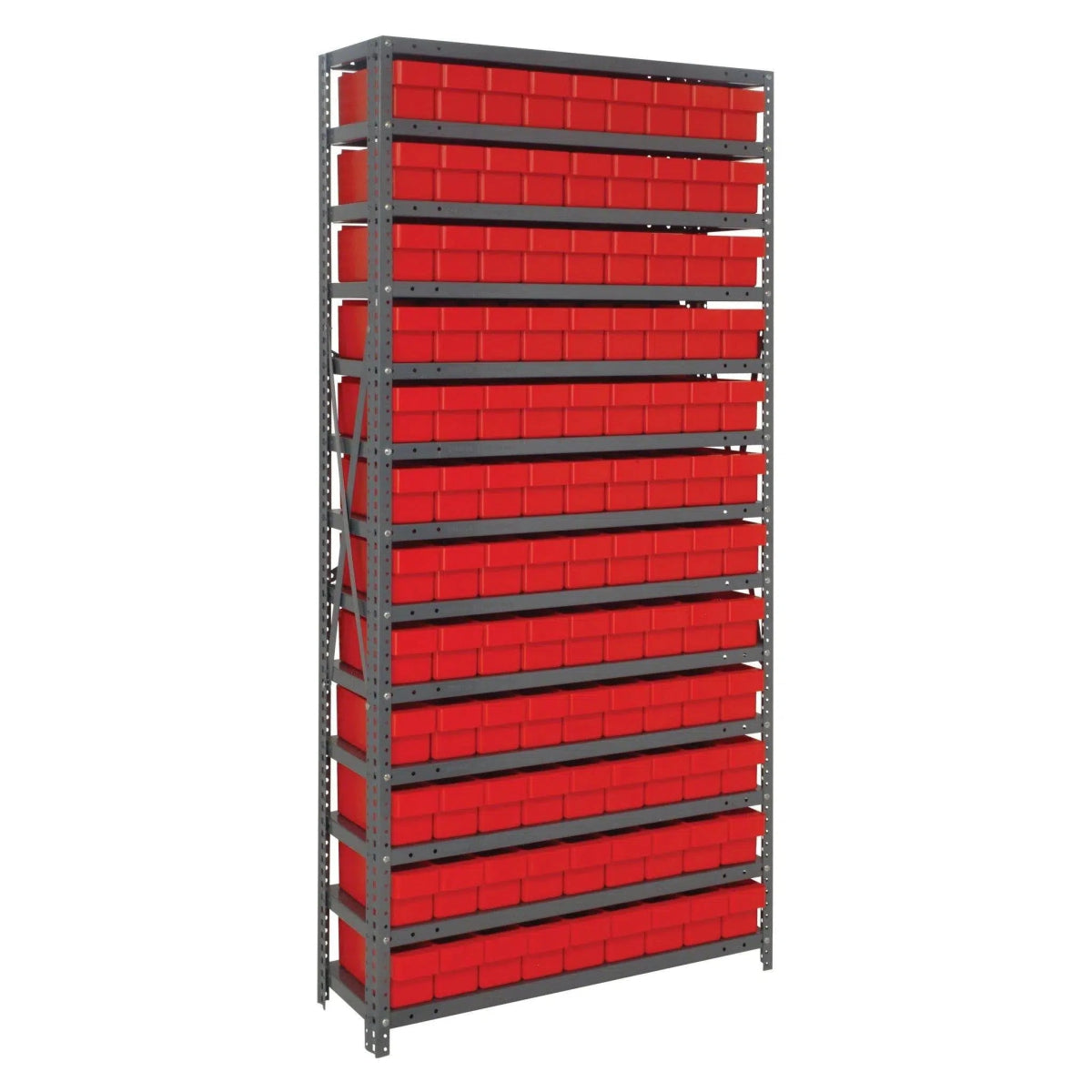 1275 - 501 | 12" x 36" x 75" Shelving Unit with 108 Bins - Steel Shelving with Bins > 12" Deep Steel Shelving Units with Bins > Open Front Plastic Shelf Bins - Industrial 4 Less