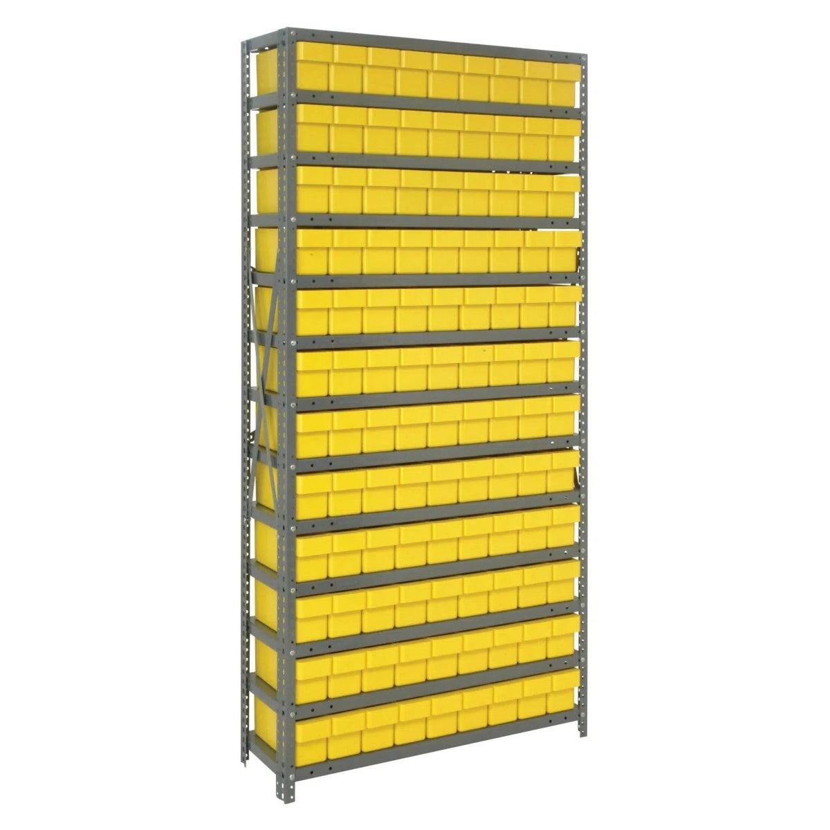 1275 - 501 | 12" x 36" x 75" Shelving Unit with 108 Bins - Steel Shelving with Bins > 12" Deep Steel Shelving Units with Bins > Open Front Plastic Shelf Bins - Industrial 4 Less