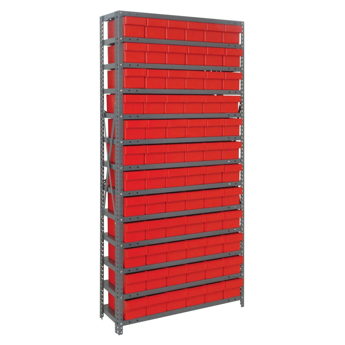 1275 - 601 | 12" x 36" x 75" Shelving Unit with 72 Bins - Steel Shelving with Bins > 12" Deep Steel Shelving Units with Bins > Open Front Plastic Shelf Bins - Industrial 4 Less