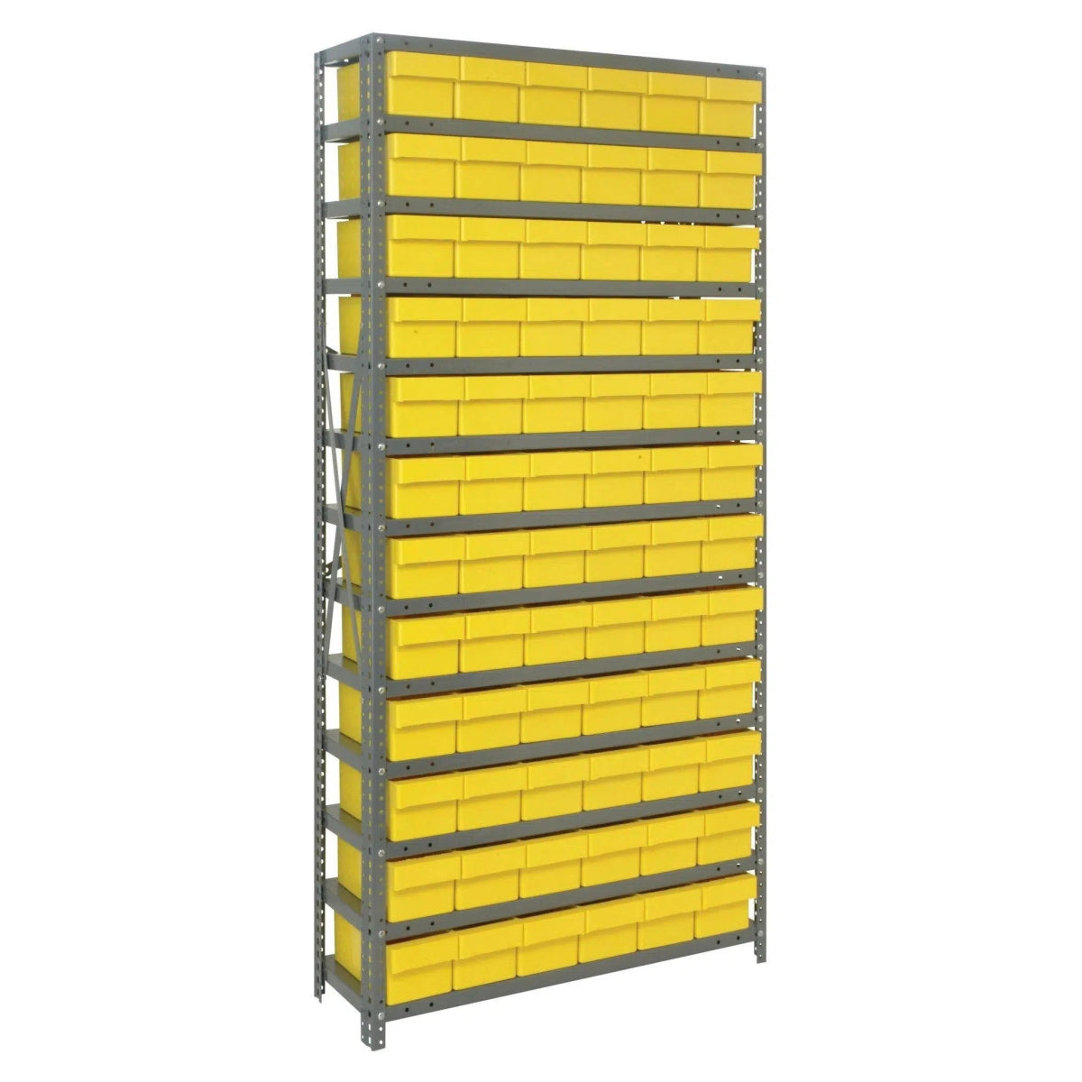 1275 - 601 | 12" x 36" x 75" Shelving Unit with 72 Bins - Steel Shelving with Bins > 12" Deep Steel Shelving Units with Bins > Open Front Plastic Shelf Bins - Industrial 4 Less