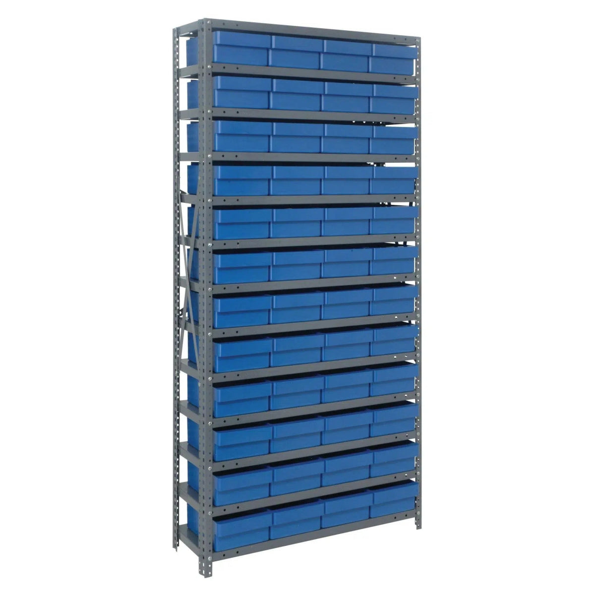 1275 - 701 | 12" x 36" x 75" Shelving Unit with 48 Bins - Steel Shelving with Bins > 12" Deep Steel Shelving Units with Bins > Open Front Plastic Shelf Bins - Industrial 4 Less