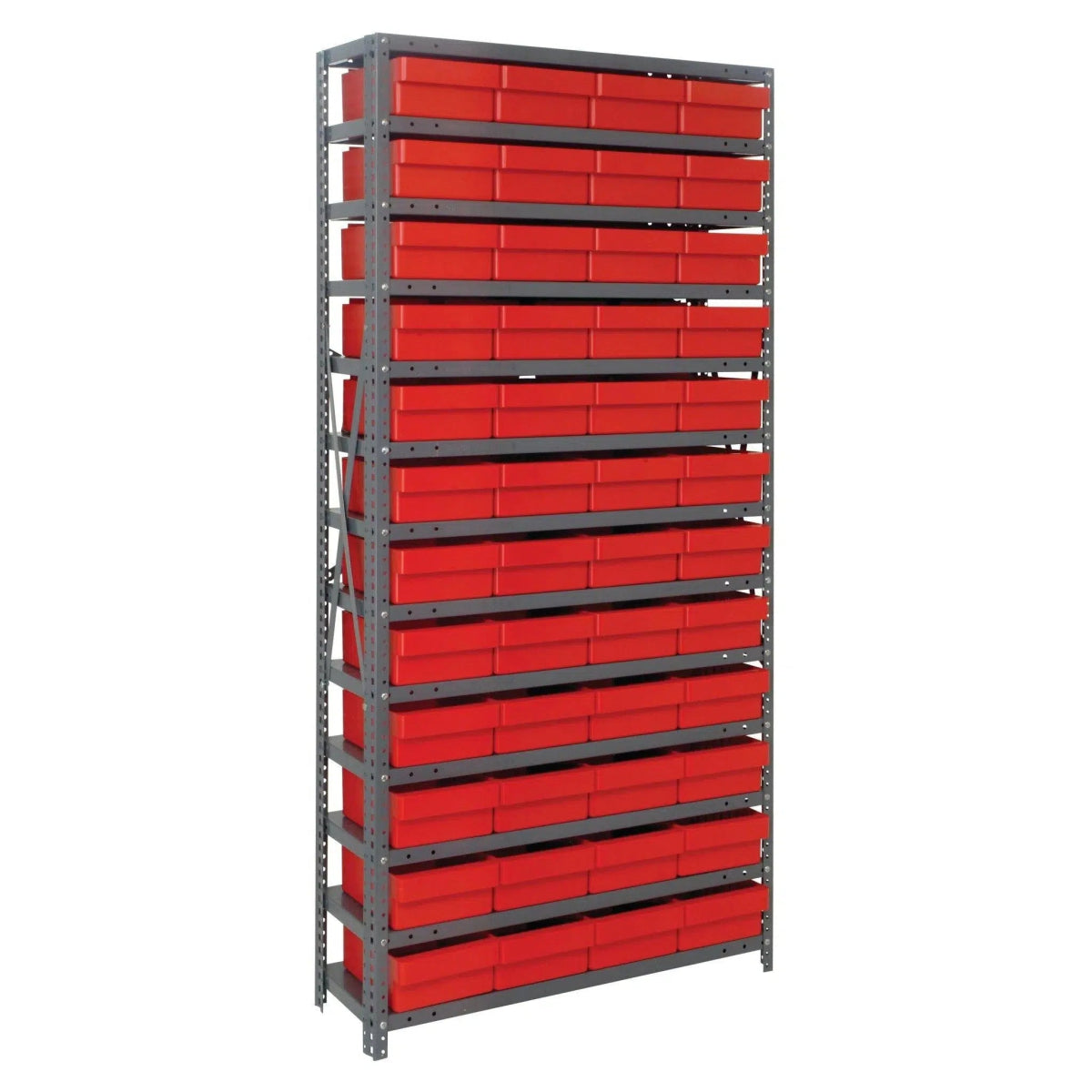 1275 - 701 | 12" x 36" x 75" Shelving Unit with 48 Bins - Steel Shelving with Bins > 12" Deep Steel Shelving Units with Bins > Open Front Plastic Shelf Bins - Industrial 4 Less