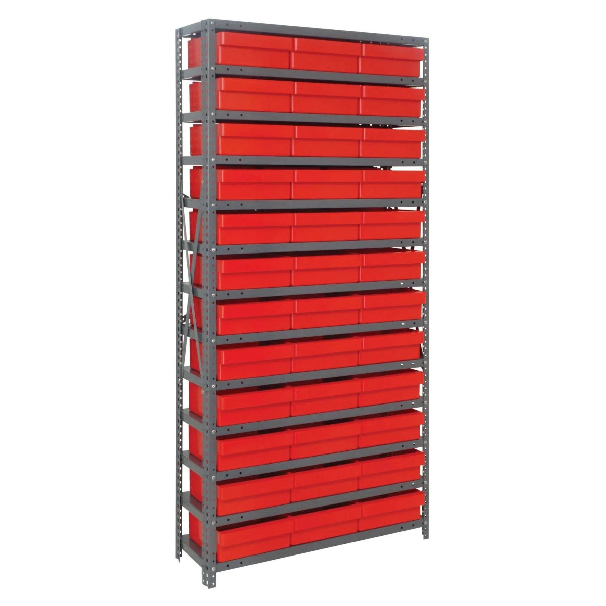 1275 - 801 | 12" x 36" x 75" Shelving Unit with 36 Bins - Steel Shelving with Bins > 12" Deep Steel Shelving Units with Bins > Open Front Plastic Shelf Bins - Industrial 4 Less