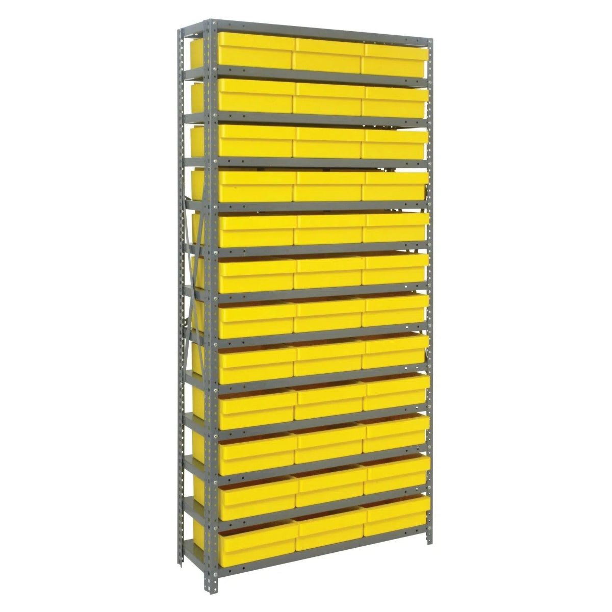 1275 - 801 | 12" x 36" x 75" Shelving Unit with 36 Bins - Steel Shelving with Bins > 12" Deep Steel Shelving Units with Bins > Open Front Plastic Shelf Bins - Industrial 4 Less