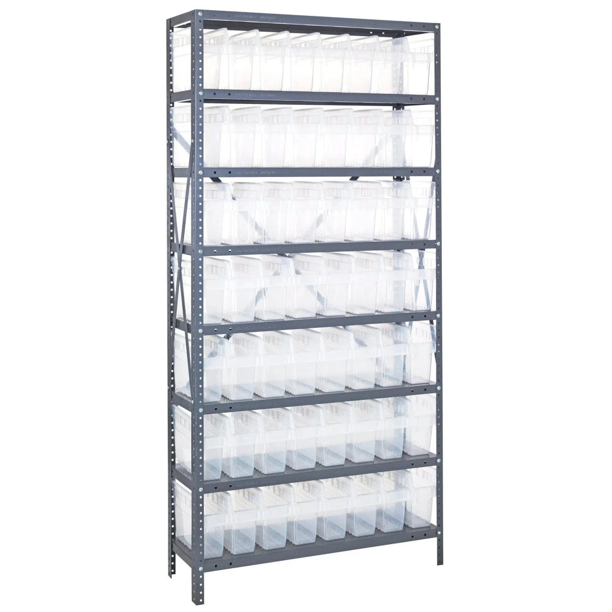 1275 - SB801 | 12" x 36" x 75" Shelving Unit with 56 Bins - Steel Shelving with Bins > 12" Deep Steel Shelving Units with Bins > Open Front Plastic Shelf Bins - Industrial 4 Less