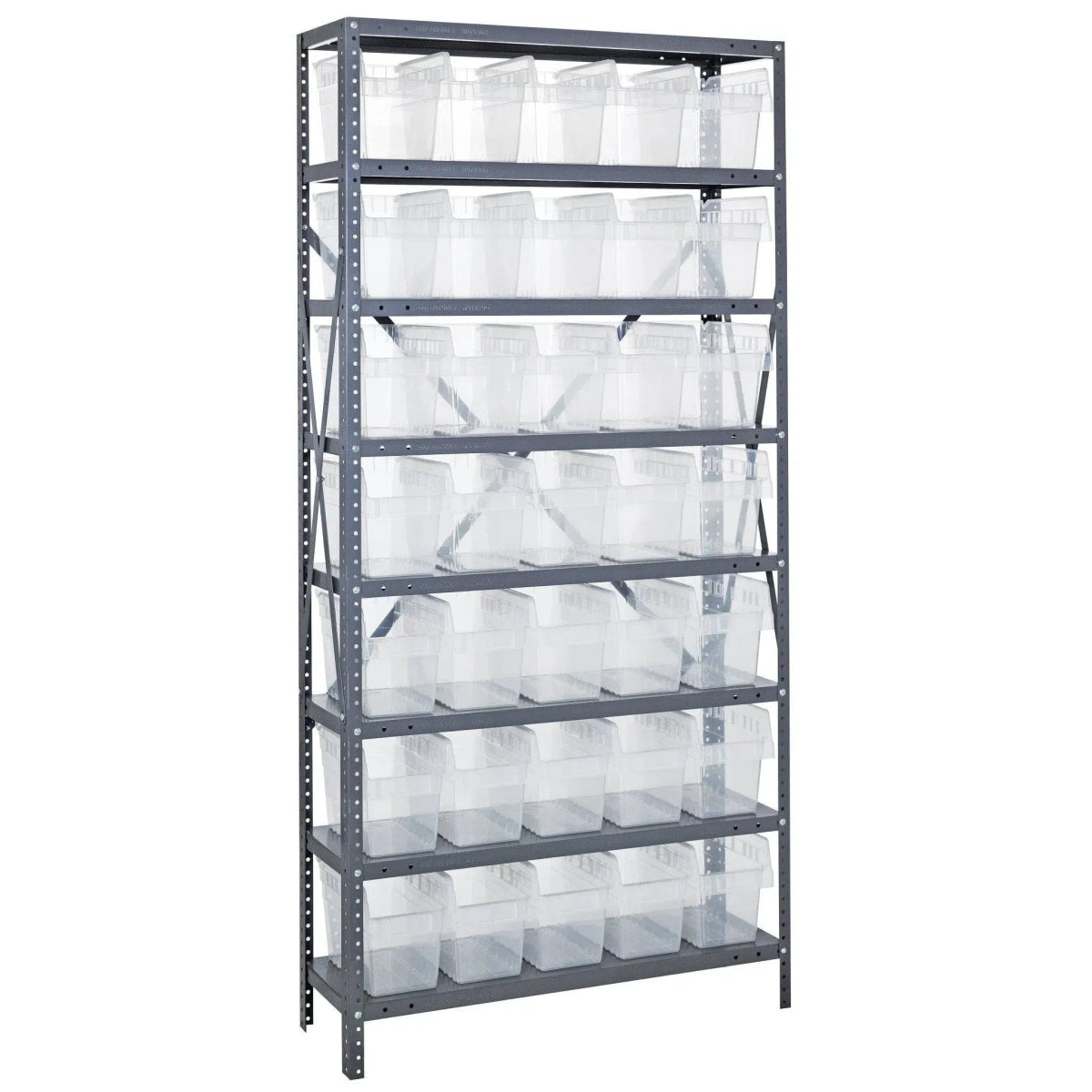 1275 - SB802 | 12" x 36" x 75" Shelving Unit with 35 Bins - Steel Shelving with Bins > 12" Deep Steel Shelving Units with Bins > Open Front Plastic Shelf Bins - Industrial 4 Less