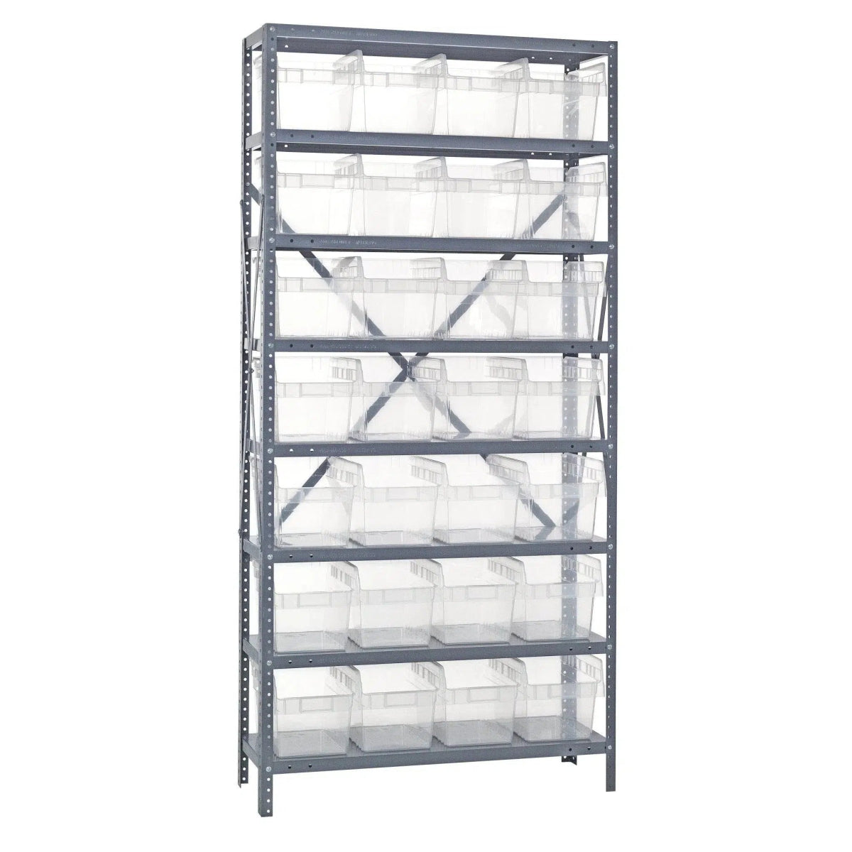 1275 - SB807 | 12" x 36" x 75" Shelving Unit with 28 Bins - Steel Shelving with Bins > 12" Deep Steel Shelving Units with Bins > Open Front Plastic Shelf Bins - Industrial 4 Less