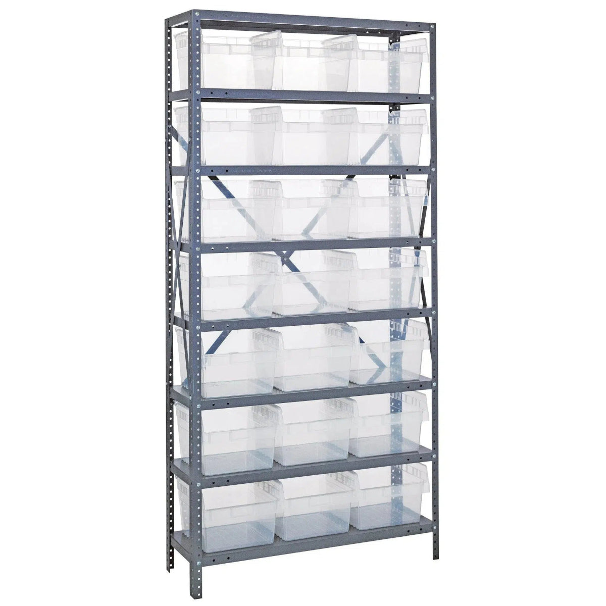 1275 - SB809 | 12" x 36" x 75" Shelving Unit with 21 Bins - Steel Shelving with Bins > 12" Deep Steel Shelving Units with Bins > Open Front Plastic Shelf Bins - Industrial 4 Less