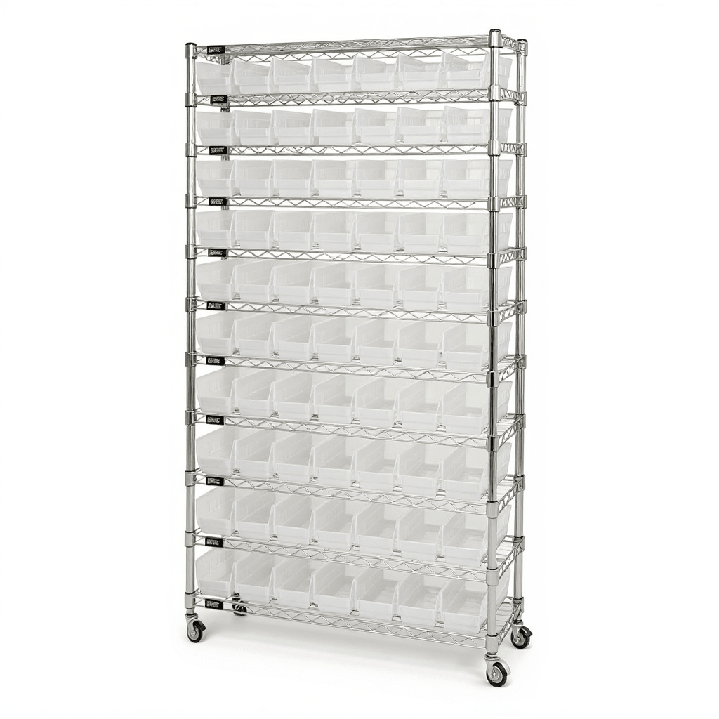 18" × 36" × 69" Mobile Wire Dispensary Cart with 57 Clear Bins, Locking Casters - Industrial 4 Less