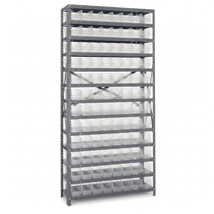 Stationary clear-bin shelving