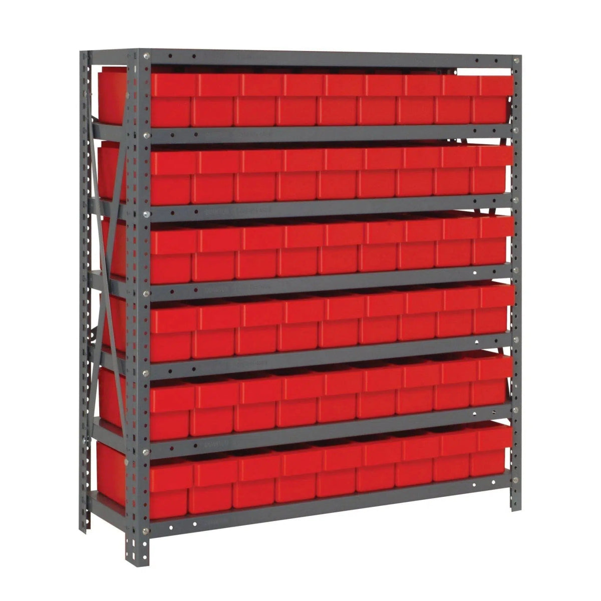 1839 - 604 | 18" x 36" x 39" Shelving Unit with 54 Bins - Steel Shelving with Bins > 18" Deep Steel Shelving Units with Bins > Open Front Plastic Shelf Bins - Industrial 4 Less