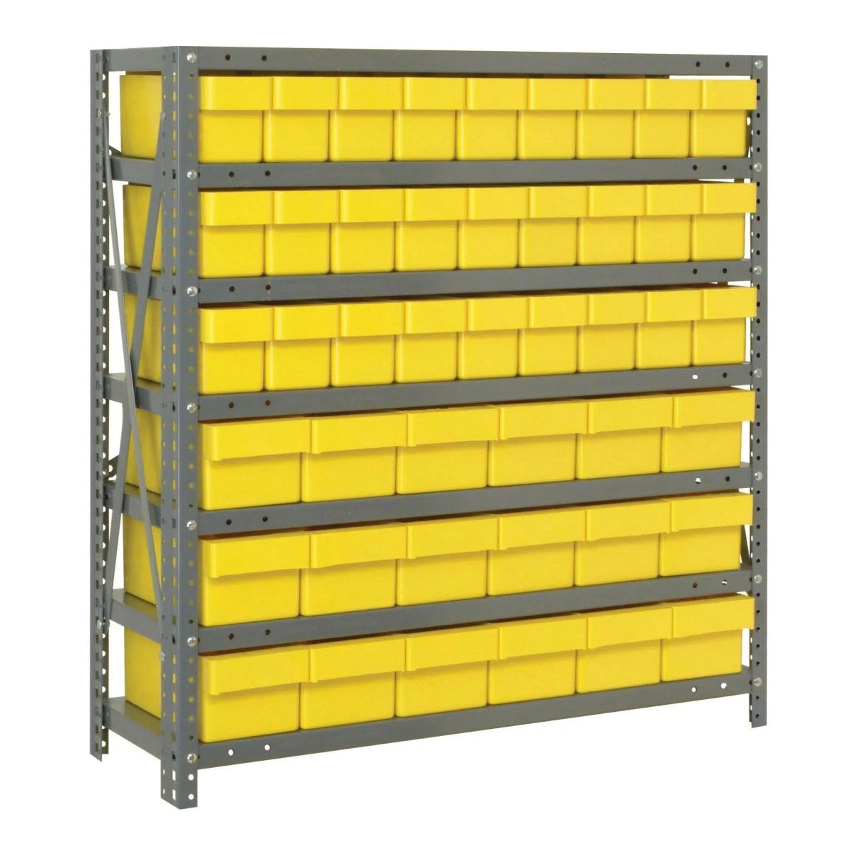 1839 - 624 | 18" x 36" x 39" Shelving Unit with 45 Bins - Steel Shelving with Bins > 18" Deep Steel Shelving Units with Bins > Open Front Plastic Shelf Bins - Industrial 4 Less