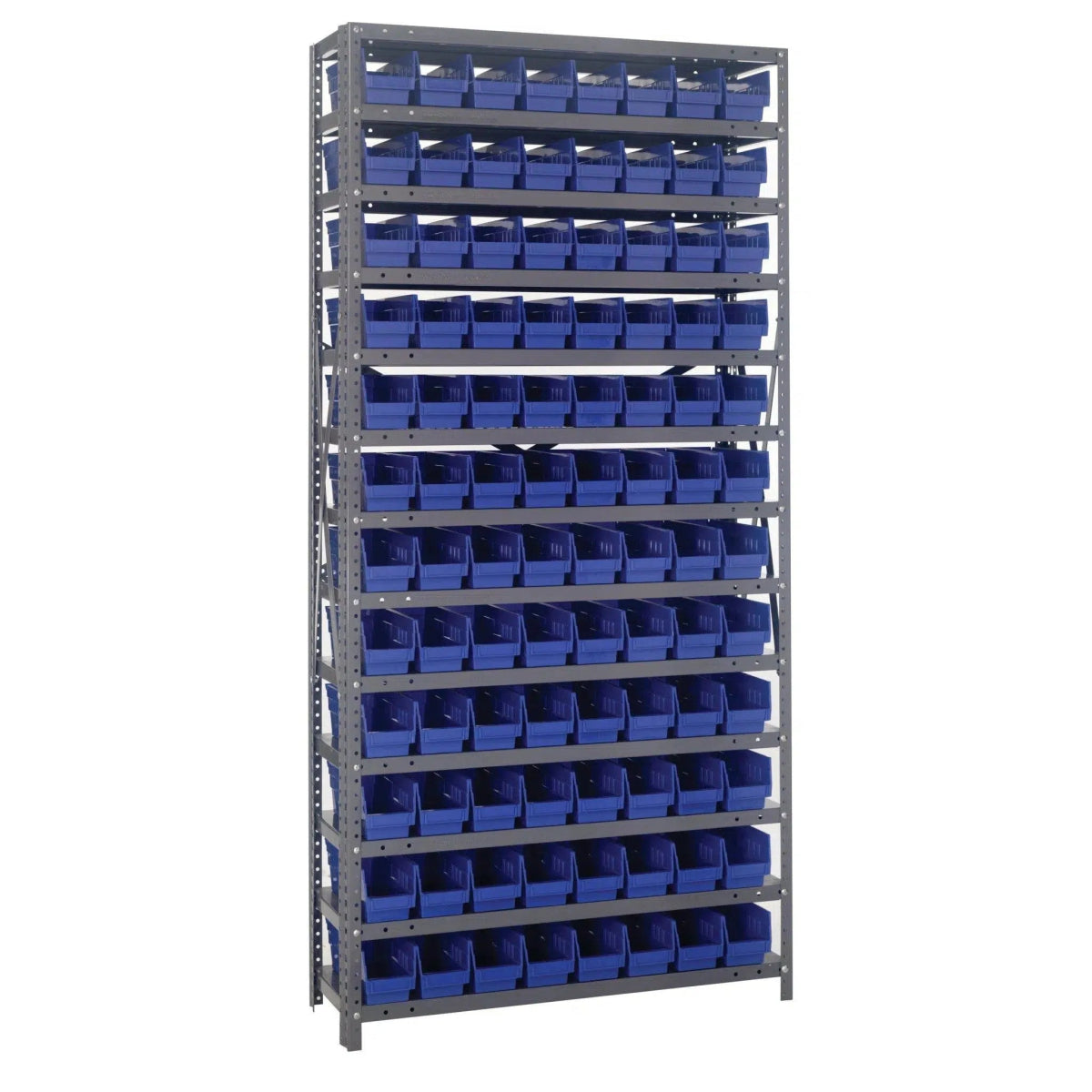 1875 - 103 | 18" x 36" x 75" Shelving Unit with 96 Bins - Steel Shelving with Bins > 18" Deep Steel Shelving Units with Bins > Open Front Plastic Shelf Bins - Industrial 4 Less