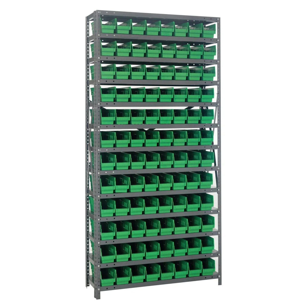 1875 - 103 | 18" x 36" x 75" Shelving Unit with 96 Bins - Steel Shelving with Bins > 18" Deep Steel Shelving Units with Bins > Open Front Plastic Shelf Bins - Industrial 4 Less