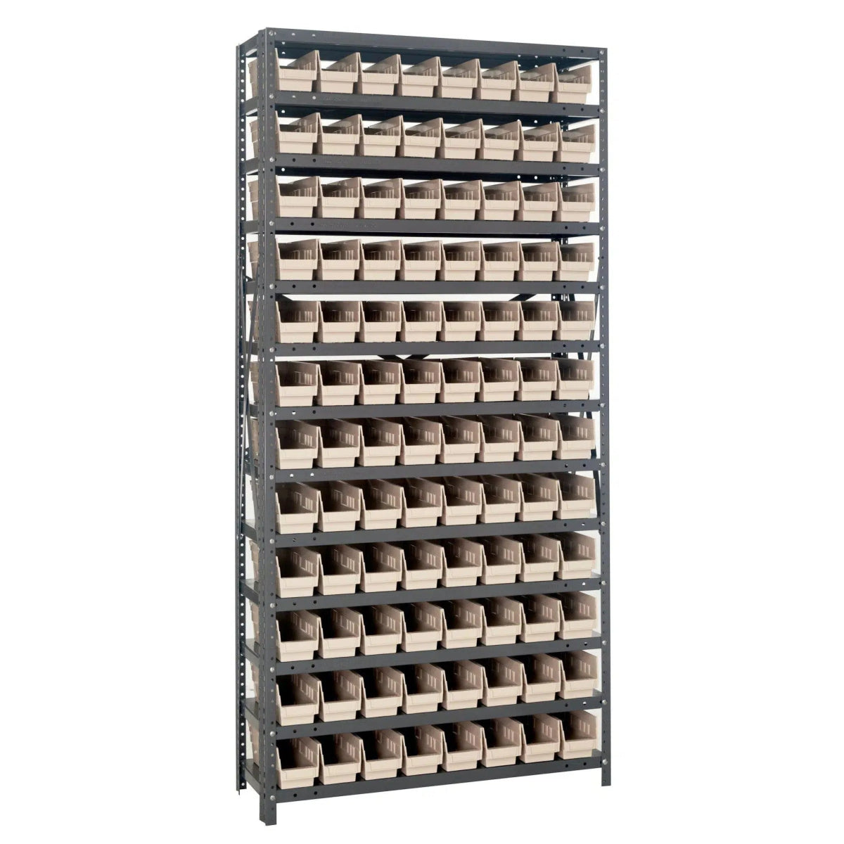 1875 - 103 | 18" x 36" x 75" Shelving Unit with 96 Bins - Steel Shelving with Bins > 18" Deep Steel Shelving Units with Bins > Open Front Plastic Shelf Bins - Industrial 4 Less