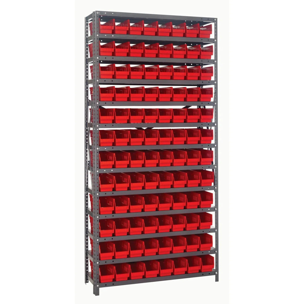 1875 - 103 | 18" x 36" x 75" Shelving Unit with 96 Bins - Steel Shelving with Bins > 18" Deep Steel Shelving Units with Bins > Open Front Plastic Shelf Bins - Industrial 4 Less