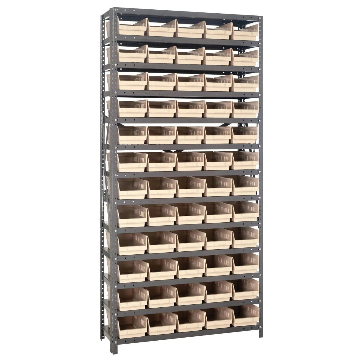 1875 - 104 | 18" x 36" x 75" Shelving Unit with 60 Bins - Steel Shelving with Bins > 18" Deep Steel Shelving Units with Bins > Open Front Plastic Shelf Bins - Industrial 4 Less