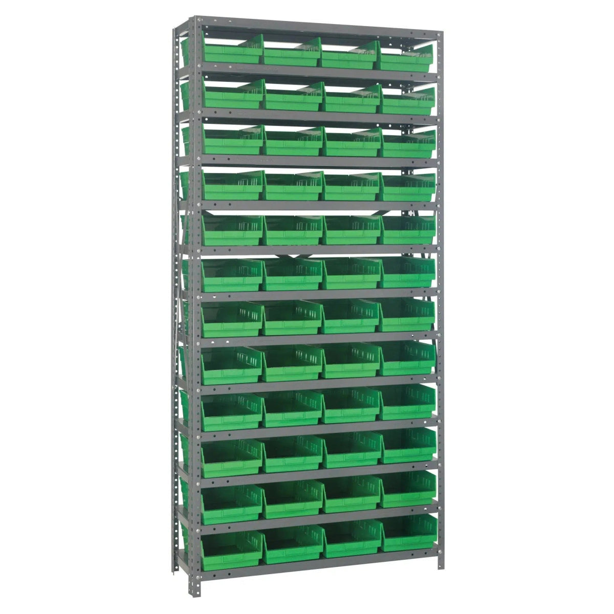 1875 - 108 | 18" x 36" x 75" Shelving Unit with 48 Bins - Steel Shelving with Bins > 18" Deep Steel Shelving Units with Bins > Open Front Plastic Shelf Bins - Industrial 4 Less