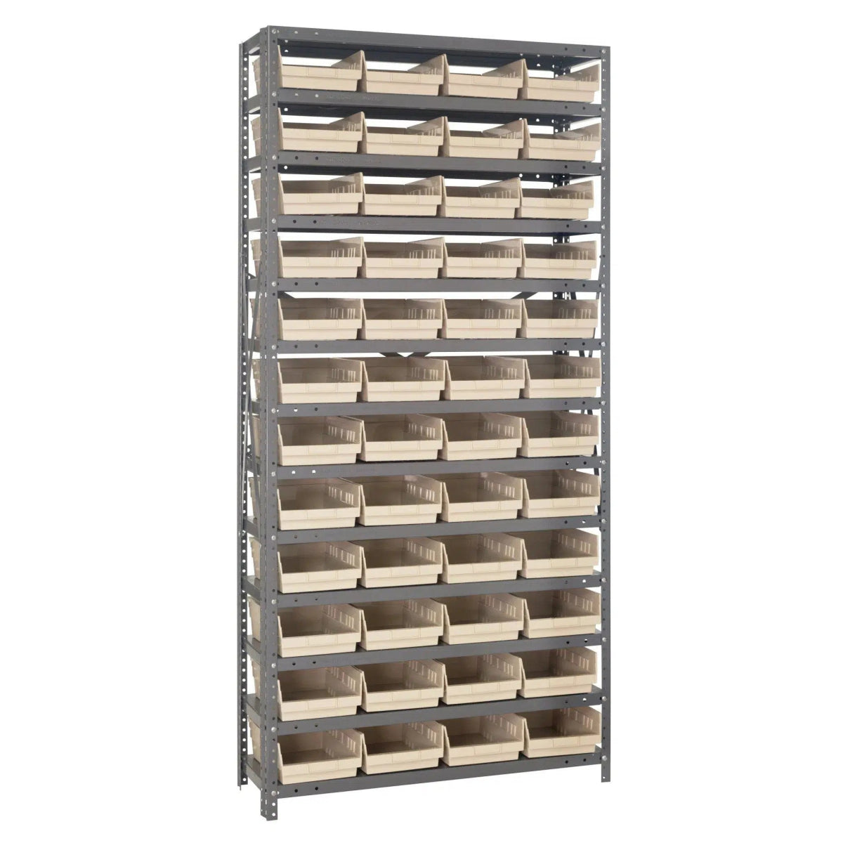 1875 - 108 | 18" x 36" x 75" Shelving Unit with 48 Bins - Steel Shelving with Bins > 18" Deep Steel Shelving Units with Bins > Open Front Plastic Shelf Bins - Industrial 4 Less