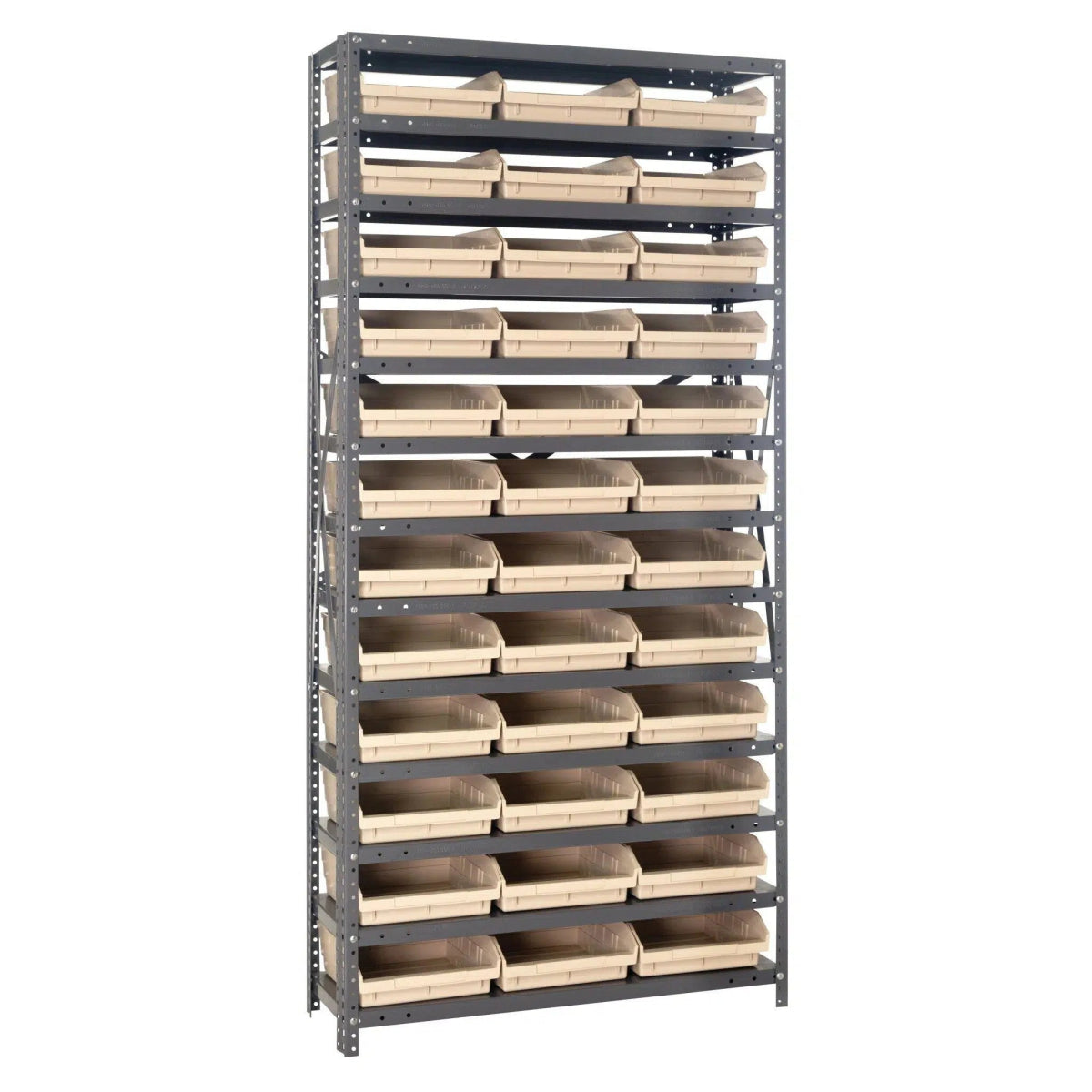 1875 - 110 | 18" x 36" x 75" Shelving Unit with 36 Bins - Steel Shelving with Bins > 18" Deep Steel Shelving Units with Bins > Open Front Plastic Shelf Bins - Industrial 4 Less