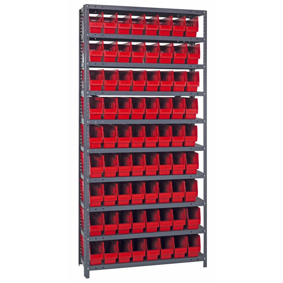 1875 - 203 | 18" x 36" x 75" Shelving Unit with 72 Bins - Steel Shelving with Bins > 18" Deep Steel Shelving Units with Bins > Open Front Plastic Shelf Bins - Industrial 4 Less