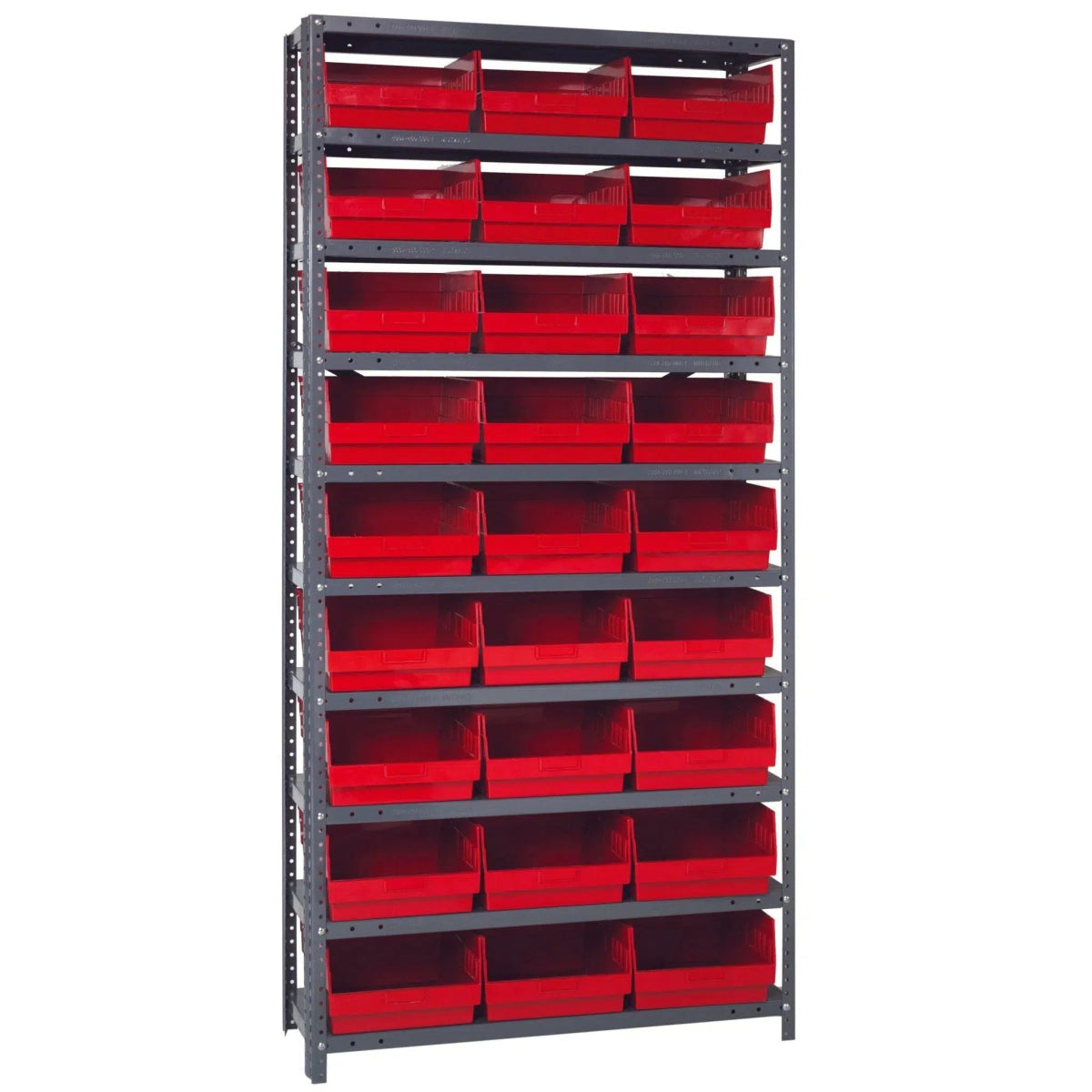 1875 - 210 | 18" x 36" x 75" Shelving Unit with 27 Bins - Steel Shelving with Bins > 18" Deep Steel Shelving Units with Bins > Open Front Plastic Shelf Bins - Industrial 4 Less