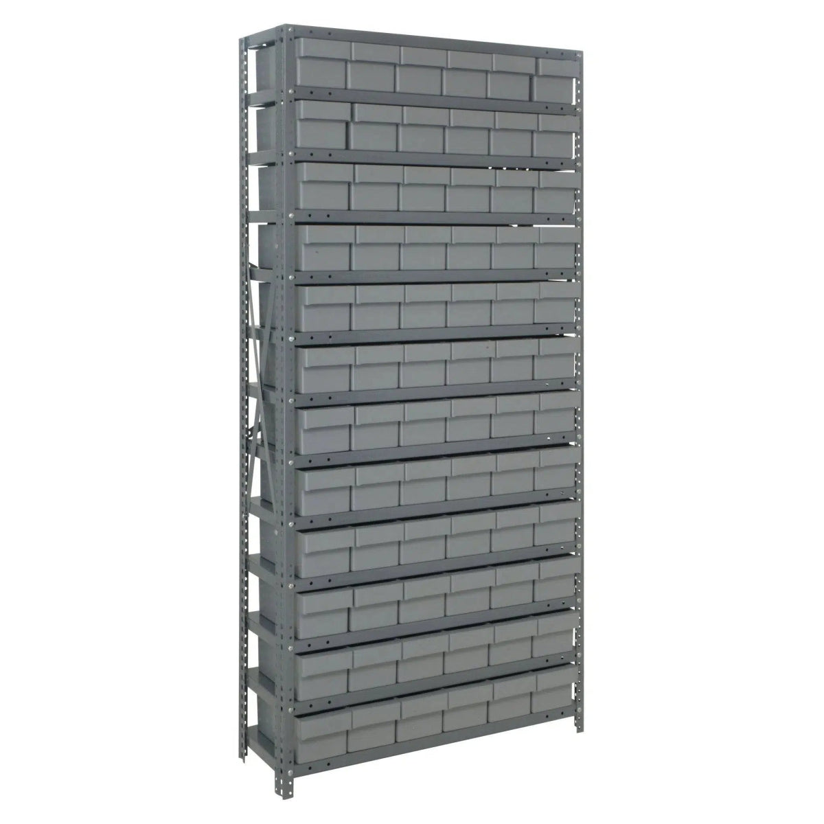 1875 - 602 | 18" x 36" x 75" Shelving Unit with 72 Bins - Steel Shelving with Bins > 18" Deep Steel Shelving Units with Bins > Open Front Plastic Shelf Bins - Industrial 4 Less