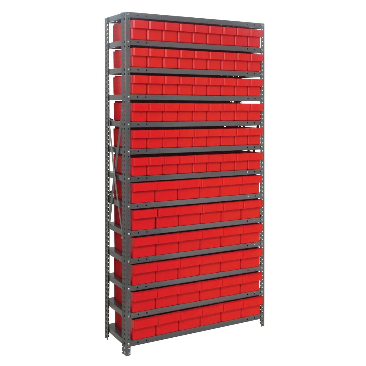 1875 - 624 | 18" x 36" x 75" Shelving Unit with 90 Bins - Steel Shelving with Bins > 18" Deep Steel Shelving Units with Bins > Open Front Plastic Shelf Bins - Industrial 4 Less