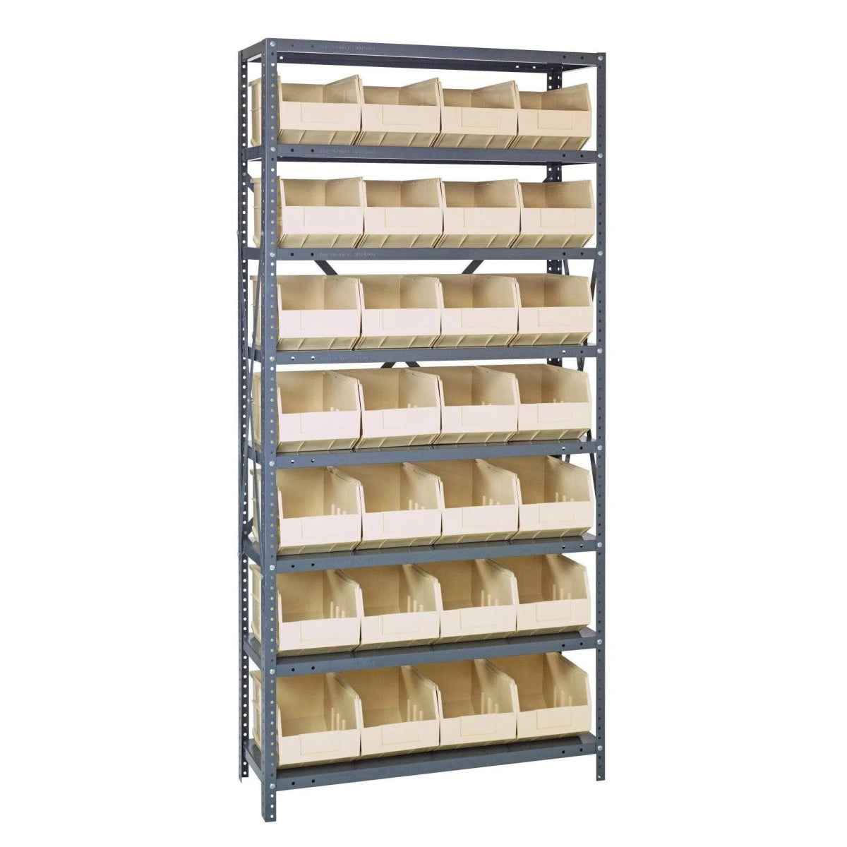 2475 - 483 | 24" x 36" x 75" Shelving Unit with 28 Bins - Steel Shelving with Bins > 24" Deep Steel Shelving Units with Bins > Open Front Plastic Bins - Industrial 4 Less